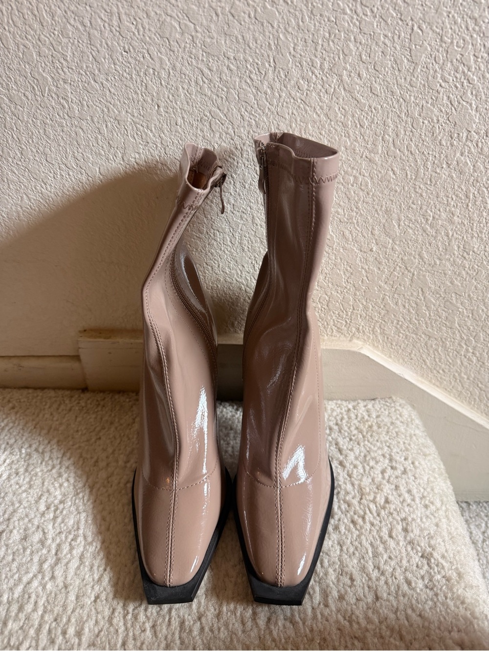 Princess Polly Nude Patent Square-Toe Sock Boots